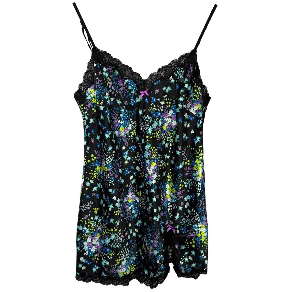 Victoria's Secret Satin Nightgown Size L Black Floral Lace Hem Babydoll